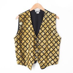 Effeci | Vintage 90’s Gold Checker Pattern Sequin Party Cocktail Vest | Size L